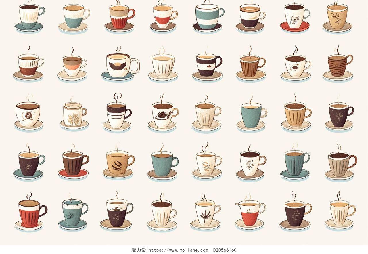 各种不同类型的咖啡杯彩铅手绘AI插画